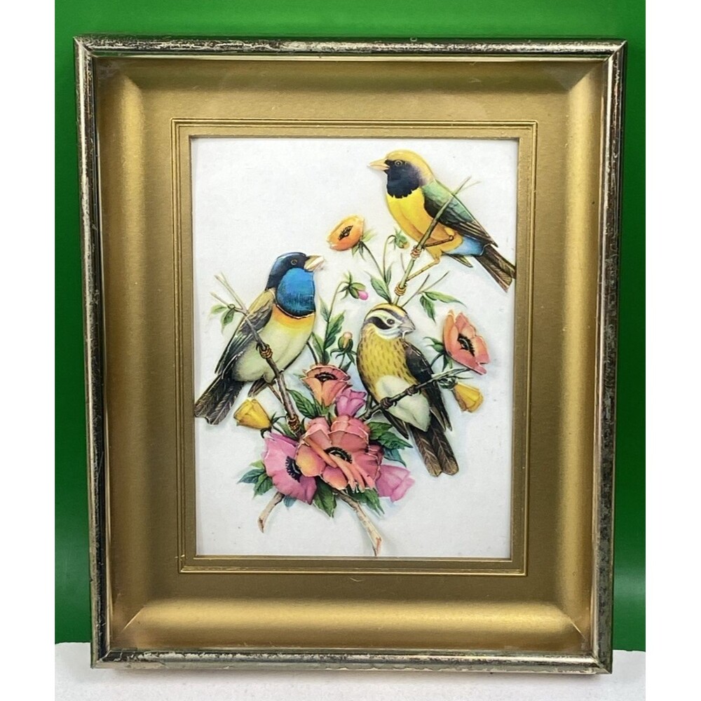 Vintage 1960 Framed 3D Birds and Flowers 4 3/4" X 5 3/4"